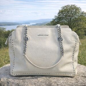 Michael Kors Studded Pebbled Leather Shoulder Bag Off White Silver Chain Strap.